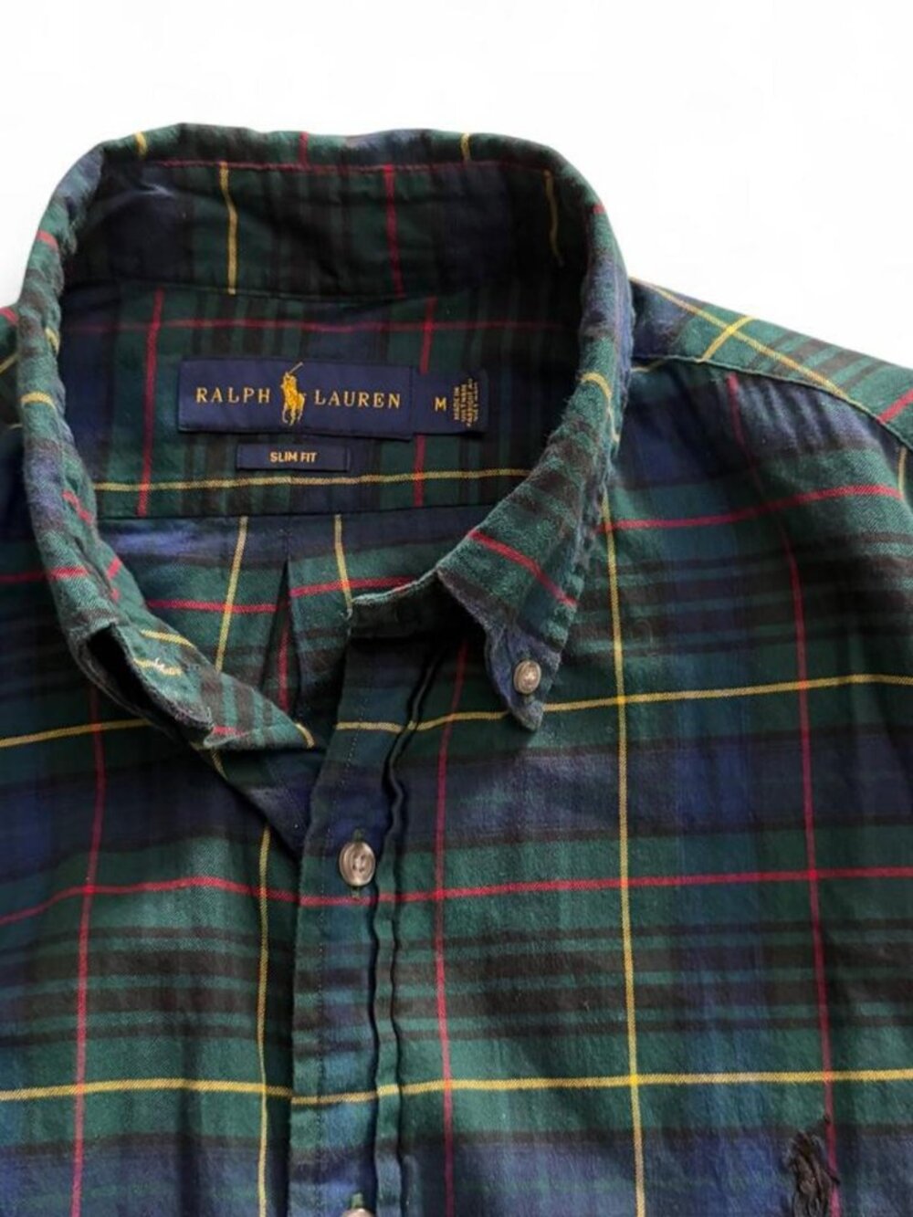 Men's Ralph Lauren Button Down Shirt Medium Green Blue Plaid Tartan Slim Fit LS